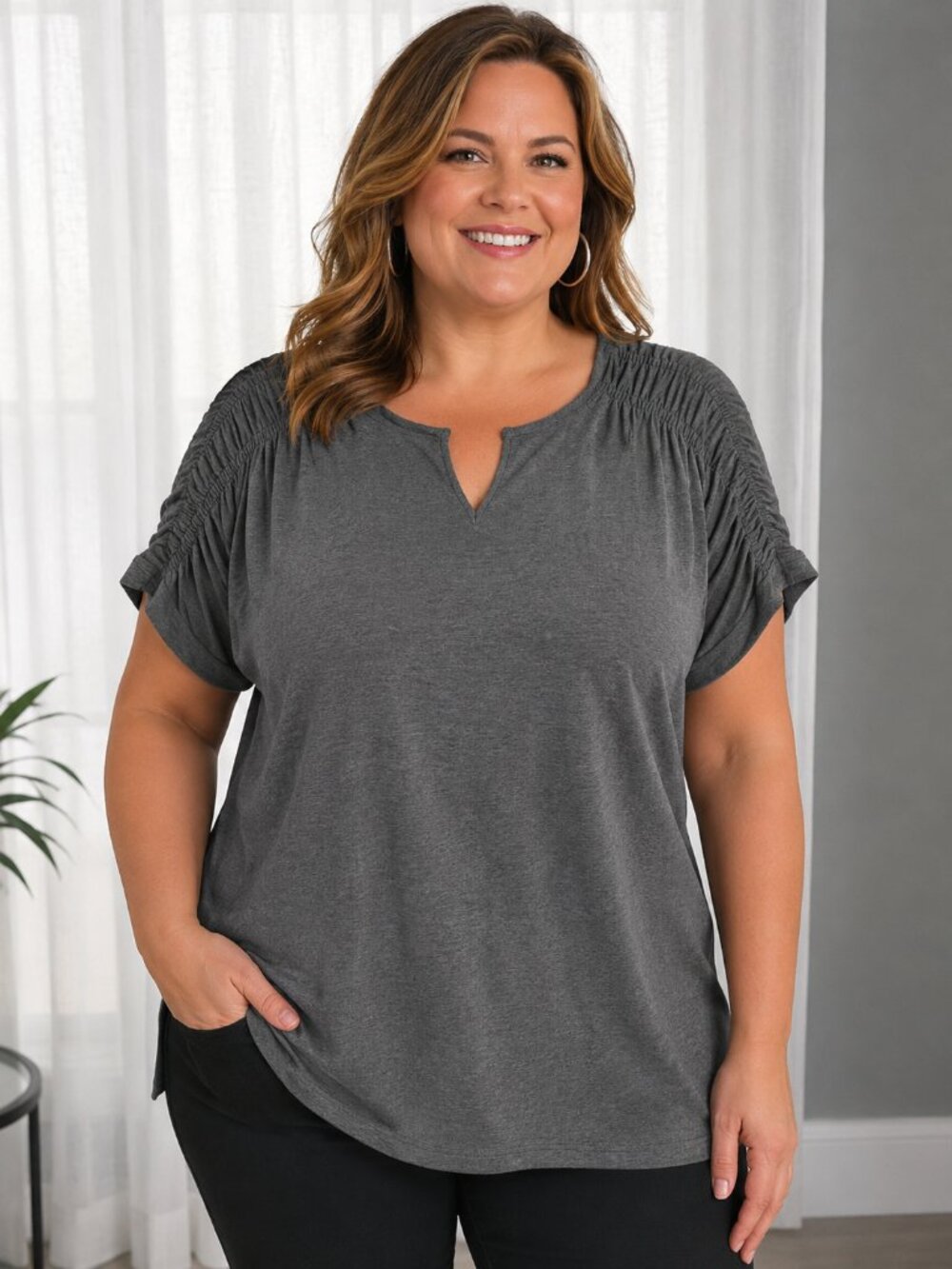 BOUTIQUE Short Sleeve V-Neck Gray w/Ruching Details Tunic 3X